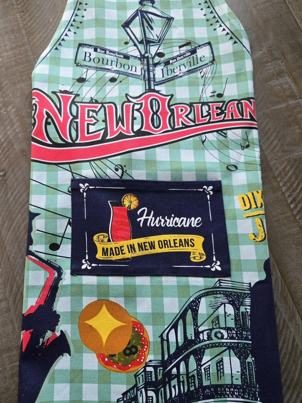 New Orleans Green Check Apron with Jazz Graphics